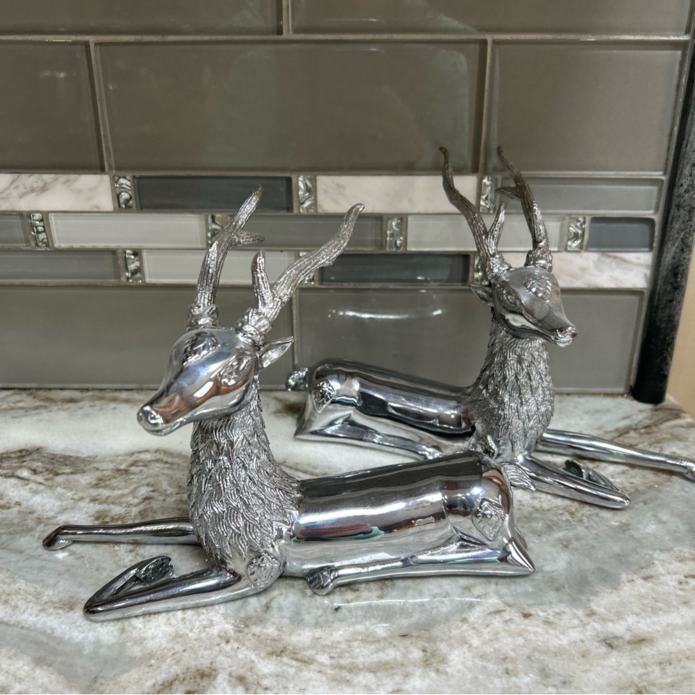 SOLID CHROME STAGS PAIR OF not just for Christmas DEER TALL X 8 1/2". HEAVY